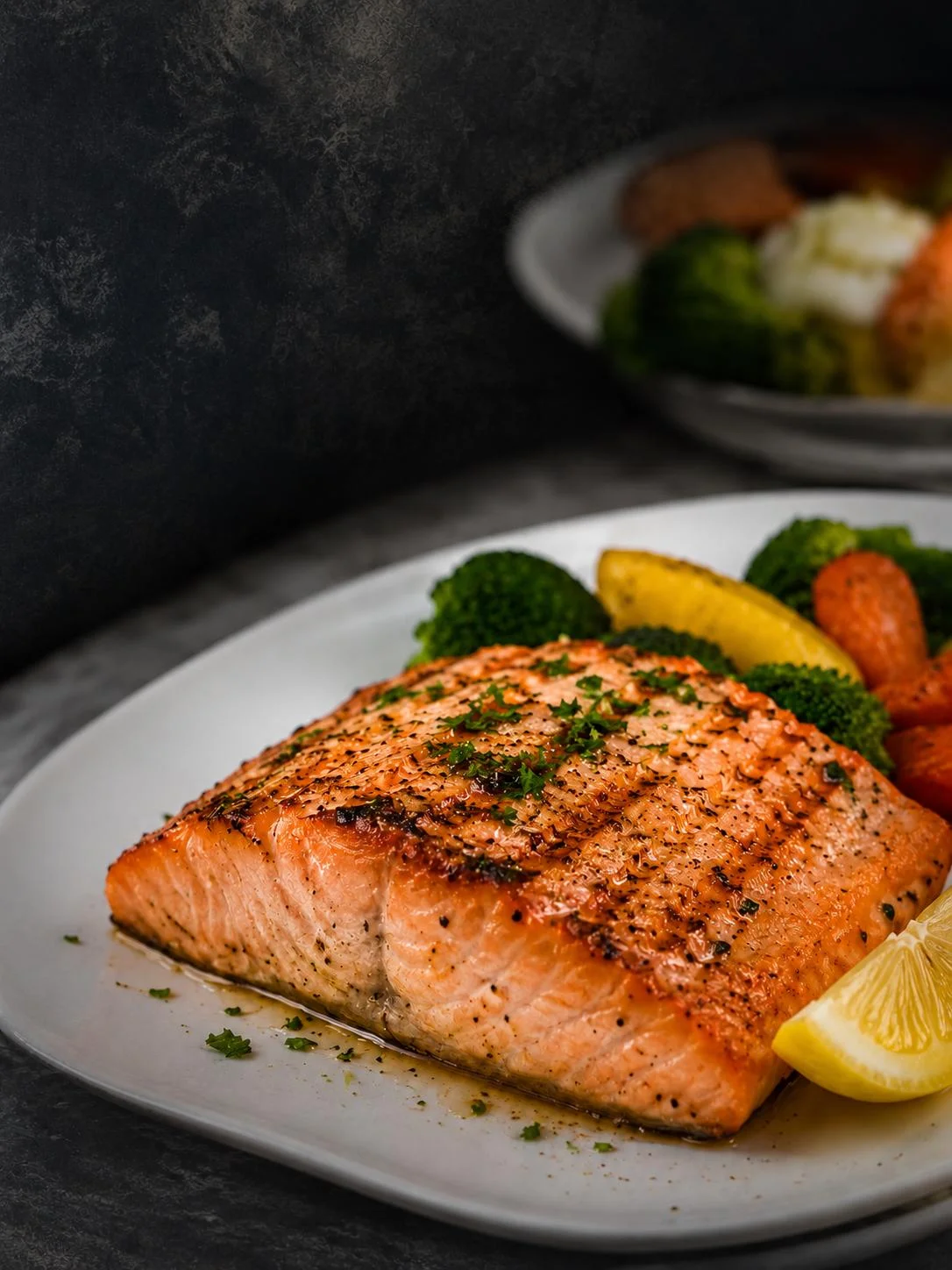 Grilled Atlantic salmon with seasonal vegetables from the hot table